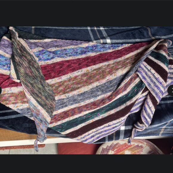 NEW Lg Shawl Earthy & Warm Oversized Stripes Multicolor Merino Wool Wrap Crochet - Picture 3 of 4